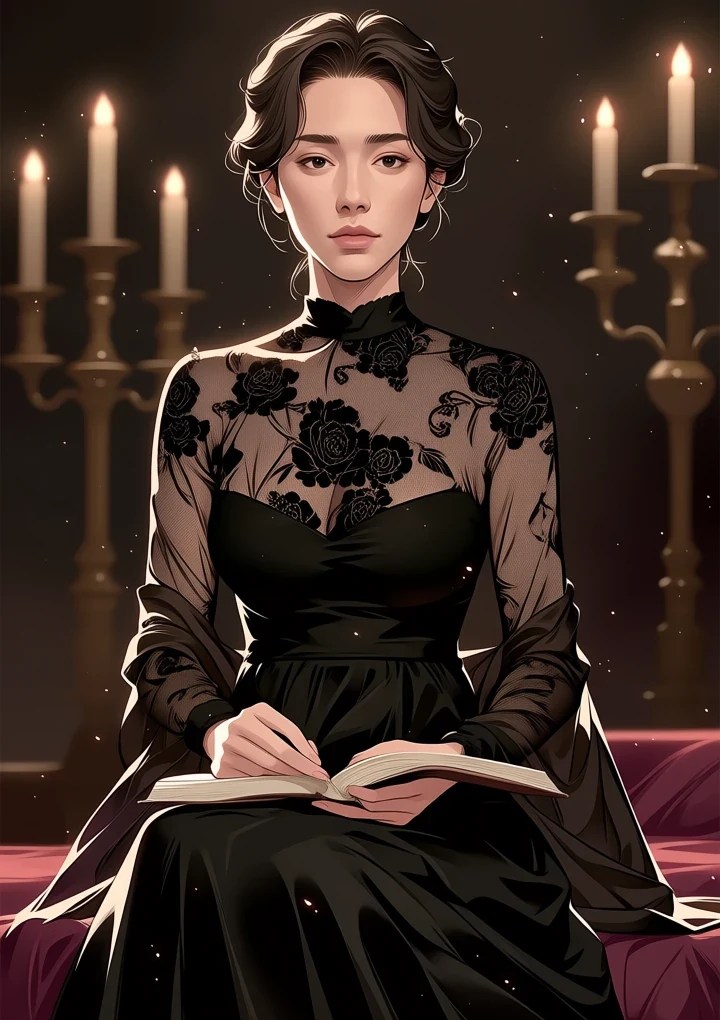 Adult gothic anime character reading, illustrating the creator guide library